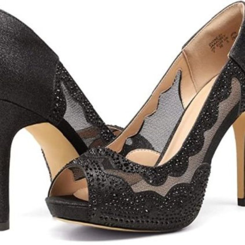 Dream Pairs Women's Black Open Toe Rhinestone Pump Heel 5 Inch - Size 9